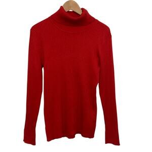 DKNY Cozy Fall Red Ribbed Knit Long Sleeve Fitted Pullover Turtleneck Sweater